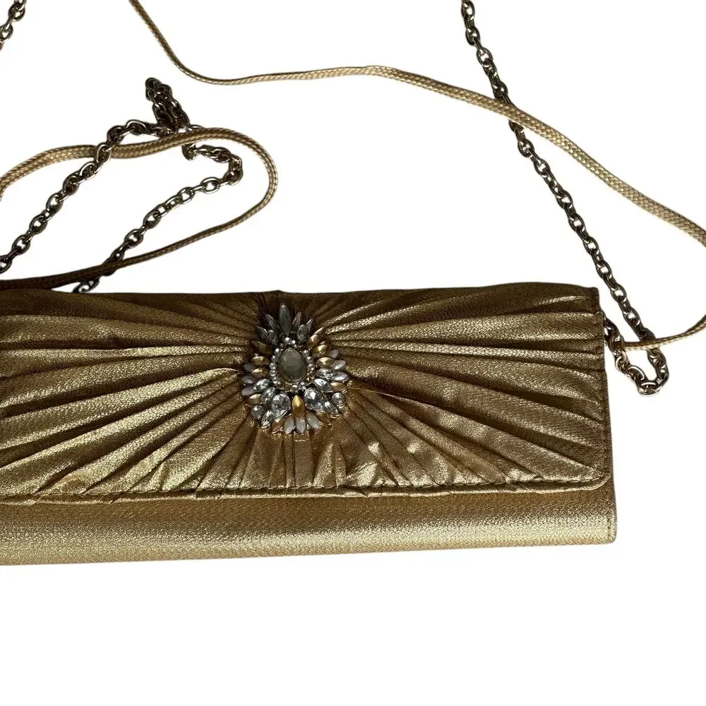 Kate Landry Evening Clutch Bag Metallic Gold Pleated Design Chain Strap